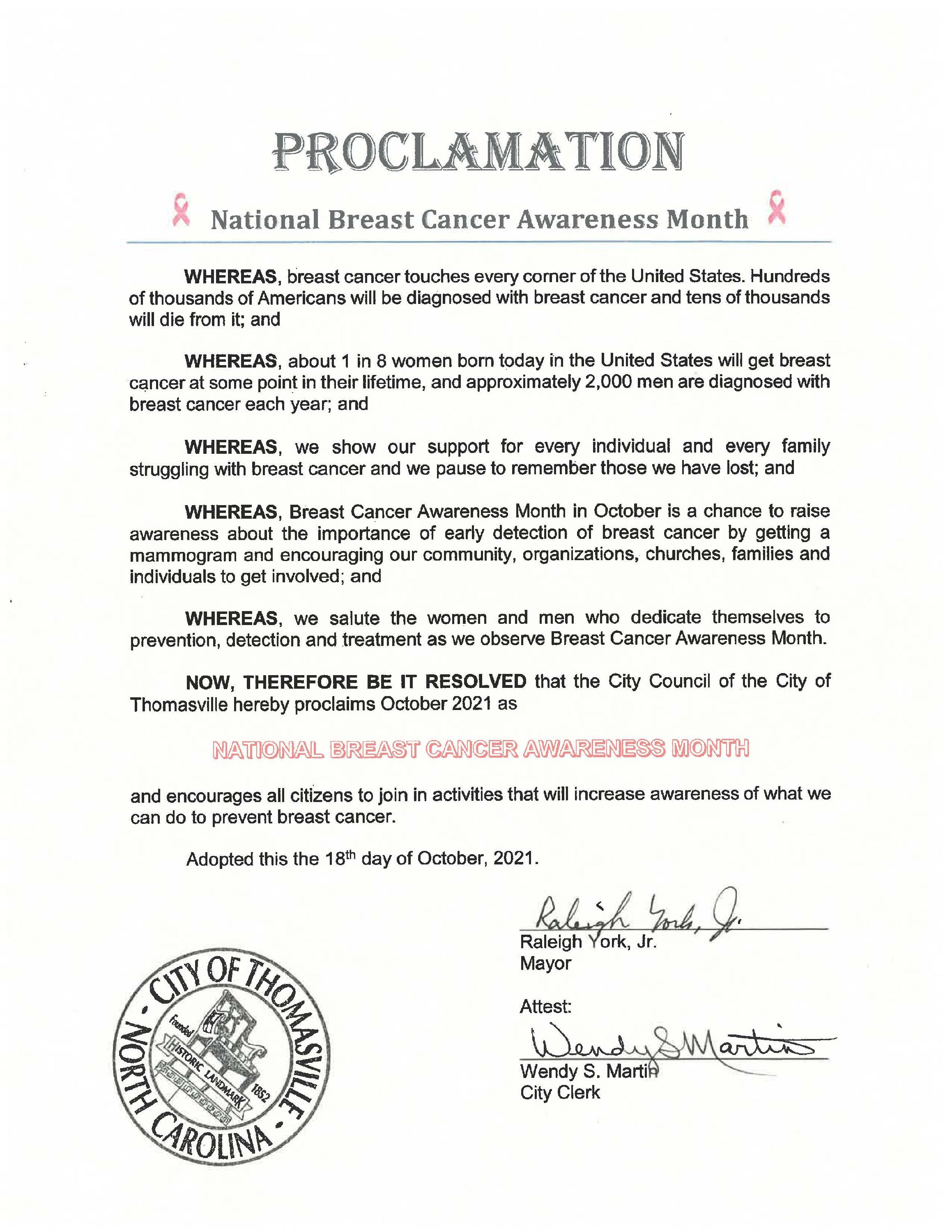 Proclamation - National Breast Cancer Awareness Month 2021